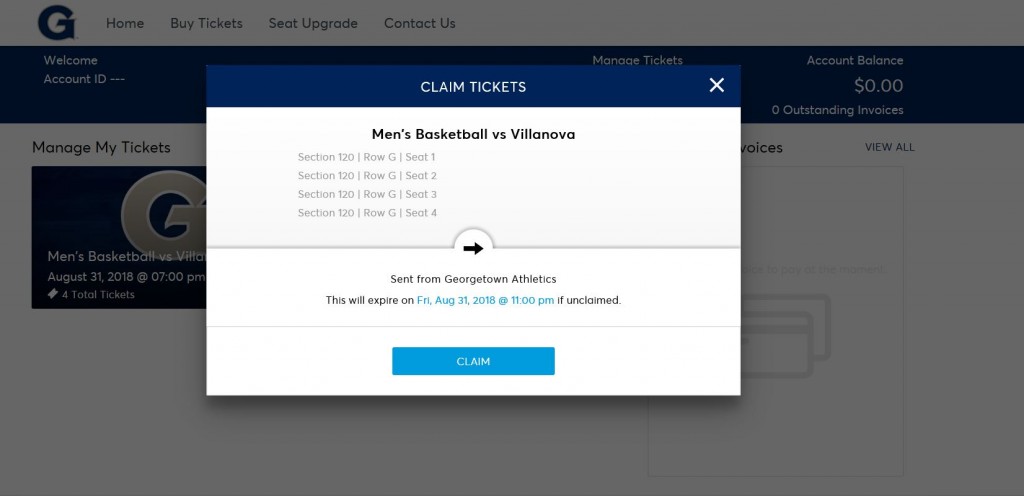 claim tickets screen once logged in